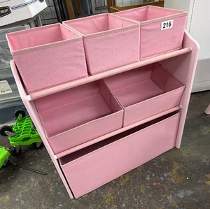 Brand New - This is a kids toy storage organizer  a pink wood-framed unit with multiple removable pink fabric storage binscubbies, great for organizing toys, books, or bedroomplayroom clutter.25 inches wide 24 inches tall 12 inches deep