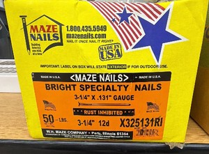 This is a 50 lb box of Maze Nails Bright Specialty Nails  3-14 x .131 gauge (12d common nails), rust inhibited, made in USA.