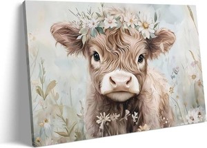 Cute Highland Cow with Flower Crown Framed Canvas Wall Art Poster Farmhouse Decor for Bedroom Living Room(Framed-07,24X36inch)