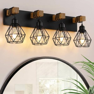 VbiTmn Bathroom Light Fixtures, 4 Light Black Farmhouse Wood Vanity Lights