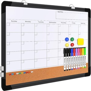Monthly Calendar Whiteboard for Wall, 24x18 Inches Dry Erase Board with Cork Board Combo, Magnetic White Board, Double-Sided Hanging Portable Board for Office School Home Kitchen Planner, Black