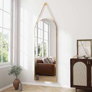 Full Length Mirror, Arched Wall Mounted Mirror, 48x16 Door Mirrors with Hanging Leather Strap, Wall Mirrors Full Length with Aluminum Frame for Bathroom Living Room Entryway (Gold)