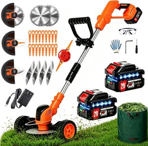 Cordles Weed Wacker, 21V Electric Weed Eater Battery Powered, No String Trimmer with Wheels & Metal Blades, Lightweight Grass TrimmerLawn EdgerBrush Cutter, Stringless Weed Trimmer for Yard Garden