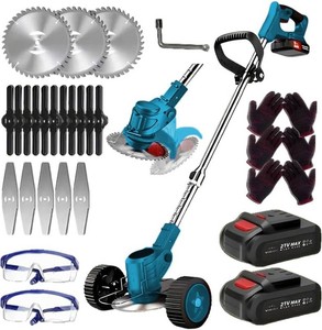 Cordless Electric String Trimmer with 3 Blade Types, 55-Min Runtime, 21V Battery, Safety Gear Included (Blue)