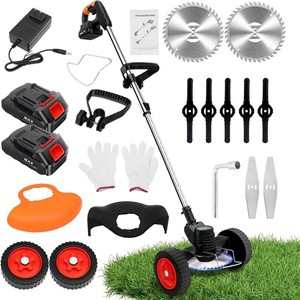 ALSO GO 21V Electric Weed Eater with Wheels,Cordless Battery Weed Wacker with Charger, 3 in 1 Brush CutterString TrimmerGrass TrimmerLawn Mower,Edger for Garden and Yard Lawn,2 Batteries Include