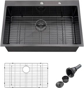 $290 33 Inch Drop In Black Kitchen Sink, Doirteal 33 x 22 x 10 Inch 16 Gauge Stainless Steel Single Bowl Kitchen Sink Topmount Single Basin With Bottom Grid