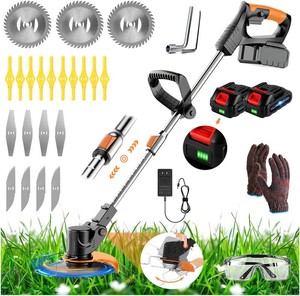 21V Electric Weed Wacker Cordless Weed Wacker Eater Lightweight Grass Trimmer with 4 Types Blade & Fast Charger & 2x2000mAh Batteries Brush Cutter for Garden Lawn Yard Black
