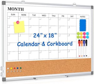 Dry Erase Calendar Whiteboard for Wall, 24 x 18 Monthly Cork White Board