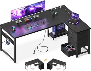 $130 AODK 61 L Shaped Gaming Desk with 4 Drawers and Power Outlets, Black