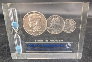 Port of Sacramento, Acrylic Time is Money.  Coin Display With Hourglass