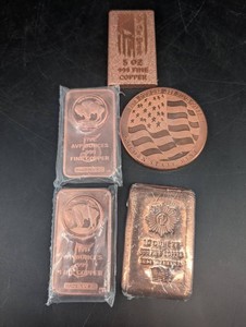 Copper Bullion Bars & Round Mixed Lot - 5 Pieces