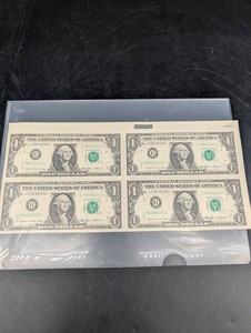 1985 Uncut Sheet of Four $1 Federal Reserve Notes