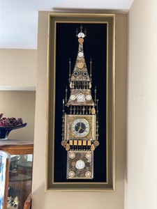 Framed Steampunk Clock Tower Watch Parts Assemblage Wall Art Working Clock 39 x 15