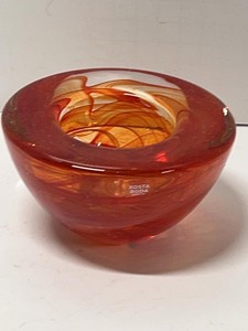 Kosta Boda Orange Art Glass Votive Candle Holder Bowl Sweden Large Size