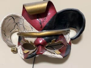 Artist Signed Venetian Style Jester Leather Sculpted Wall Mask Red Black Gold Harlequin