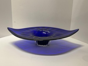 XL Cobalt Blue Art Glass Pedestal Centerpiece Bowl Freeform Stunning 21 x 15