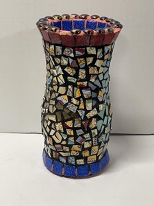 Handmade Mosaic Art Pottery Vase Multicolor Tile Iridescent Rim