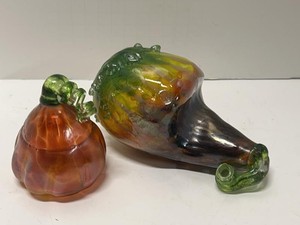 Artisan Hand Blown Art Glass Pumpkin &amp Eggplant Harvest Decor Set