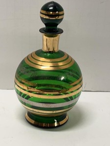 Vintage Green Art Glass Decanter with Gilt Bands Stopper Bottle