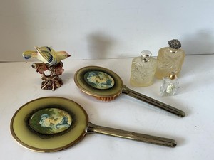 Vintage Vanity Dresser Lot Mirror Brush Perfume Bottles Bird Figurine