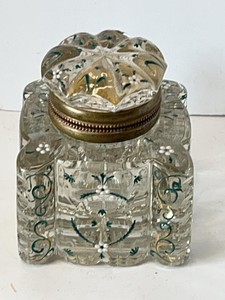 Antique French Enameled Cut Crystal Glass Hinged Inkwell