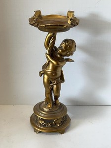 Vintage Cherub Figural Solid Cast Brass Standing Candle Holder Heavy 14 tall