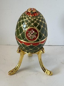Faberge-Style Enameled Egg Trinket  Music Box Dragonfly Floral Stand