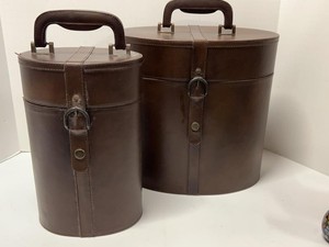 Pair of Vintage Brown Leather Oval Hat Boxes Travel Storage Cases