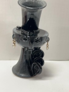 Signed Studio Pottery Figural Woman Face Vase Black Gray Glaze Earring Hanger Display