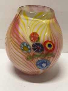 Solid Murano Style Art Glass Millefiori Vase Pink Yellow Swirl Milk glass interior