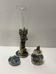 Studio Pottery Floral Vase Lidded Jar Trinket Box Art Pottery Set