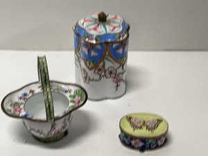 Lot of Chinese Cloisonn Enamel Vanity Set Covered Jar Basket Oval Box