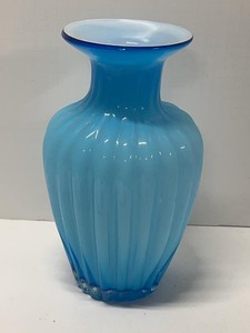 Murano Style Blue Opaline Art Glass Ribbed Vase Flared Rim