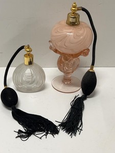 Pair of Vintage Artisan Glass Perfume Atomizer Pink &amp Frosted Vanity Bottles
