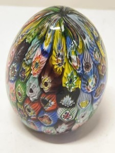 Vintage Millefiori Art Glass Egg Paperweight Floral Cane Mosaic