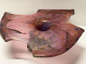 Artisan Iridescent Art Glass Free Form Pedestal Centerpiece Bowl See Photos