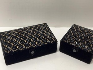 Set of 2 Flashy Velvet Beaded Trinket Jewelry Boxes Black Gold made in India