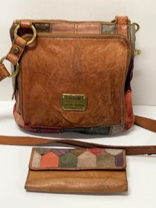 Vintage 80s Fossil Leather Patchwork Crossbody Bag Matching Wallet Brown Multi