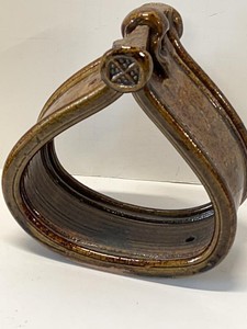 Vintage Ceramic Stirrup Towel Ring Brown Drip Glaze Hanging Decor