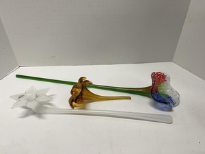 Set of 3 Art Glass Flower Stems Murano Style Italian Decor