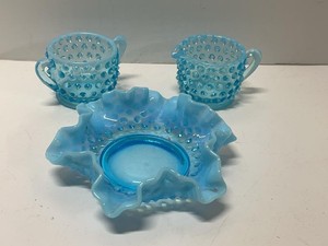 Vintage Blue Opalescent Hobnail Glass Creamer Sugar & Ruffled Bowl 4 Pieces another found
