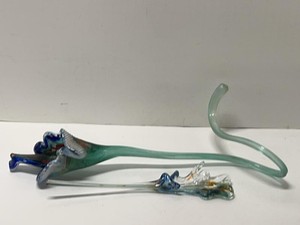 Pair of Hand Blown Art Glass Flower Stems Blue Green Clear Decor