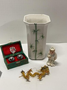 Box Lot of Assorted Asian Decor Vase Figurine Dragon Baoding Balls