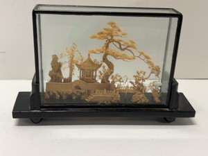 San You Chinese Cork Diorama in Glass Display Case Pagoda Landscape