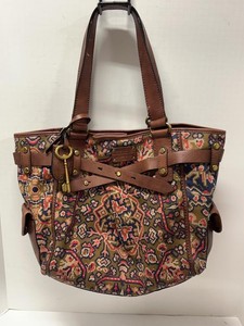 Fossil Tapestry Print Shoulder Tote Bag Brown Leather Trim Key Charm