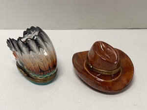 Limoges Peint Main Porcelain Trinket Boxes Headdress & Cowboy Hat