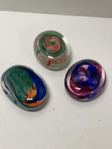 Set of 3 Hand Blown Studio Art Glass Paperweights Swirl Designs