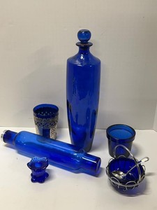 Lot of Cobalt Blue Glass Decor Spain Decanter Rolling Pin Silver Overlay 2 candlestick Holders