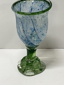 Hand Blown Art Glass Goblet Blue Mottled Bowl Green Rim Foot 8in