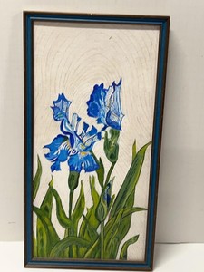 Vintage Framed Blue Iris Floral Painting on Textured Board Wall Art